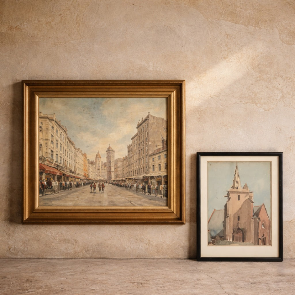 Antique French streetscape paintings and village scenes displayed in giltwood and simple frames, set against an aged plaster wall with warm natural light.