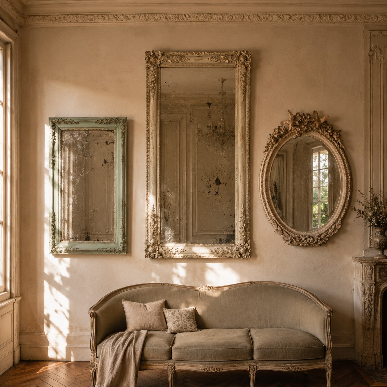 Antique painted French mirrors arranged on a warm plaster salon wall with mercury glass