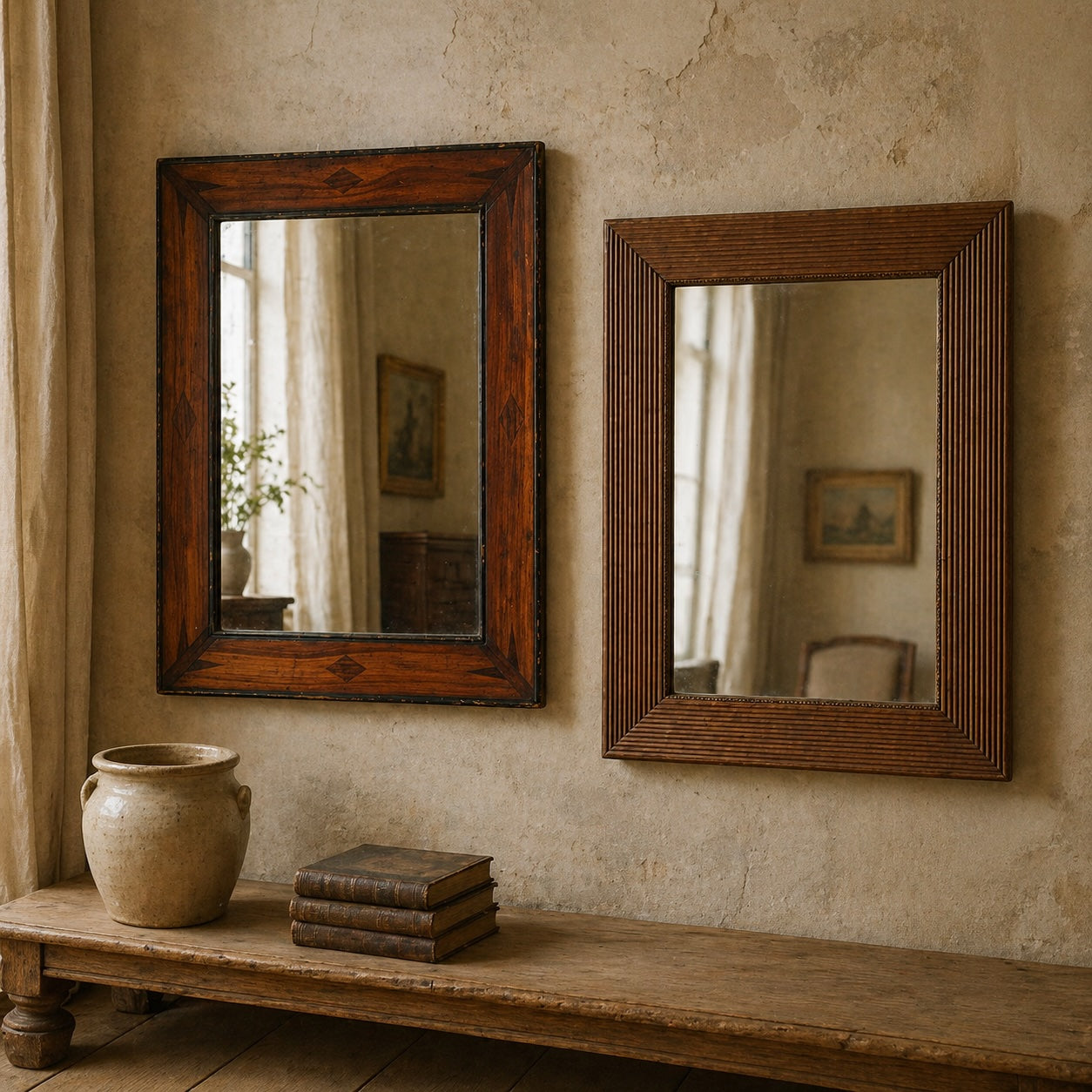 Antique wood-framed mirrors with marquetry and reeded frames on an aged plaster wall above an oak floor in a French interior