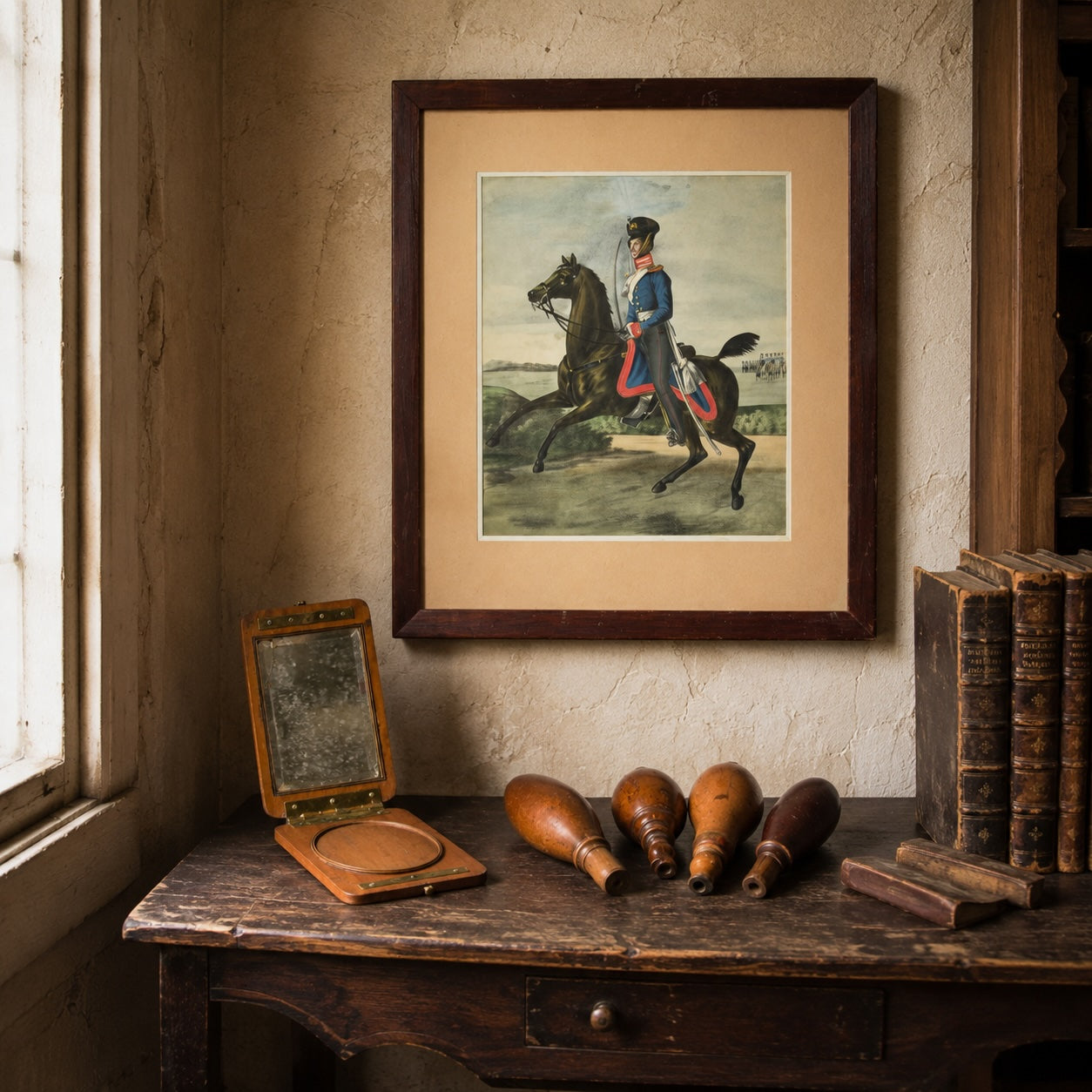 Antique French military lithograph with officer’s foldaway mirror and wooden powder flasks in a French study interior