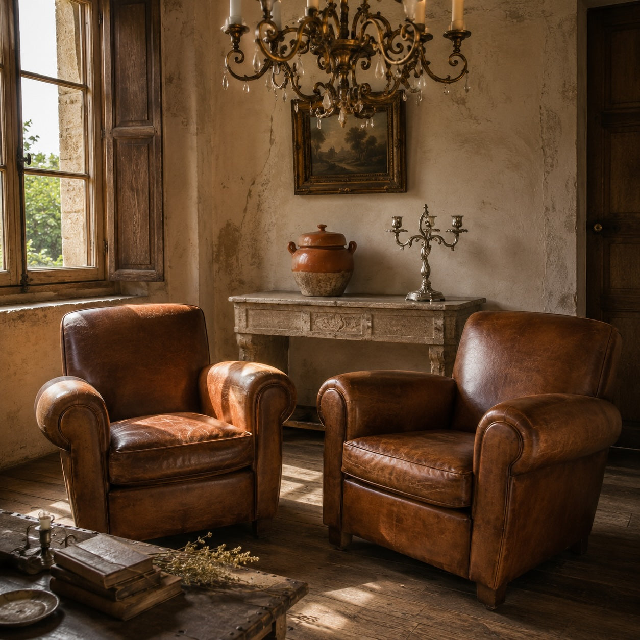 Antique French leather club chairs beneath a wrought iron chandelier in a warm Provençal interior with a stone mantel, silver-plated candelabra, and terracotta confit pot