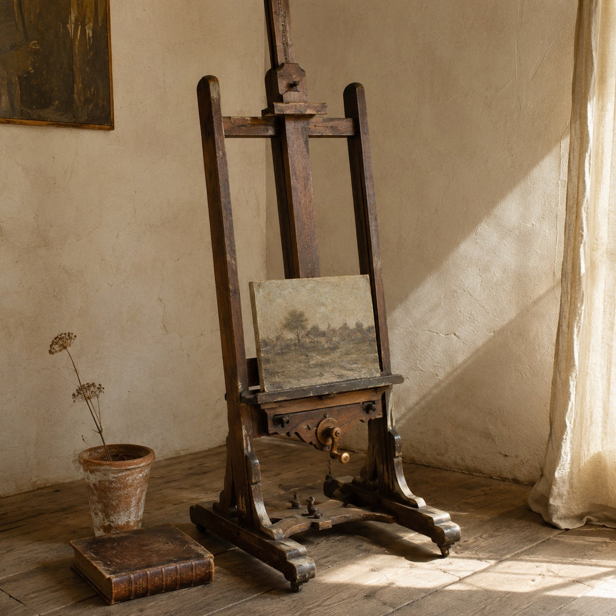 Late 19th century French atelier easel with crank mechanism displayed in a Provençal interior