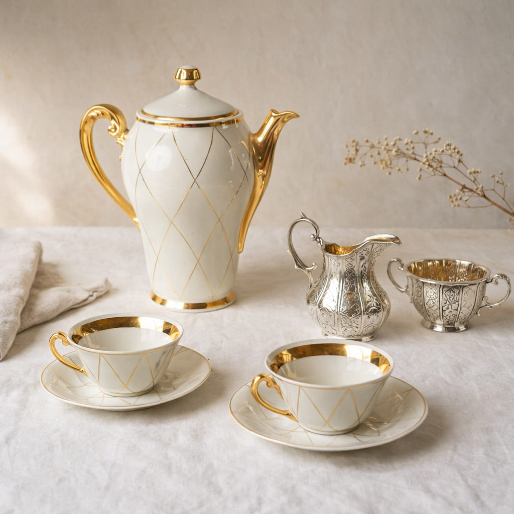 Antique French tea set with Limoges porcelain coffee pot, cups, silverplate cream jug and sugar bowl on linen table setting.
