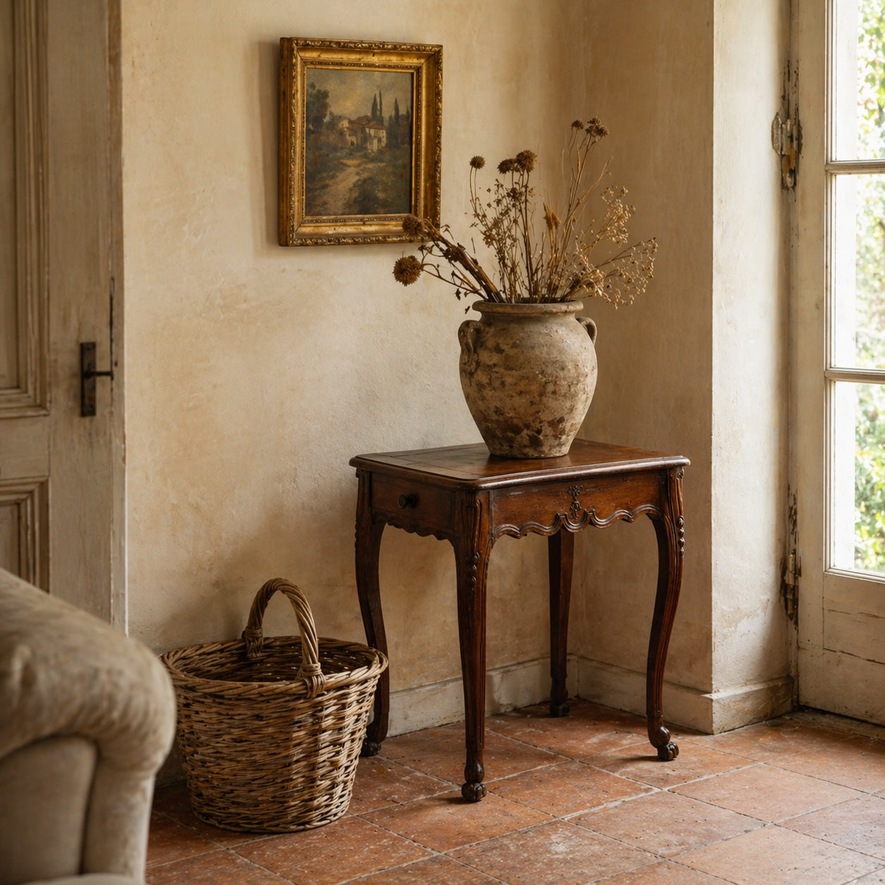 Antique French side table in walnut beside window with ceramic urn, dried botanicals, oil painting, and terracotta floor in Provençal interior