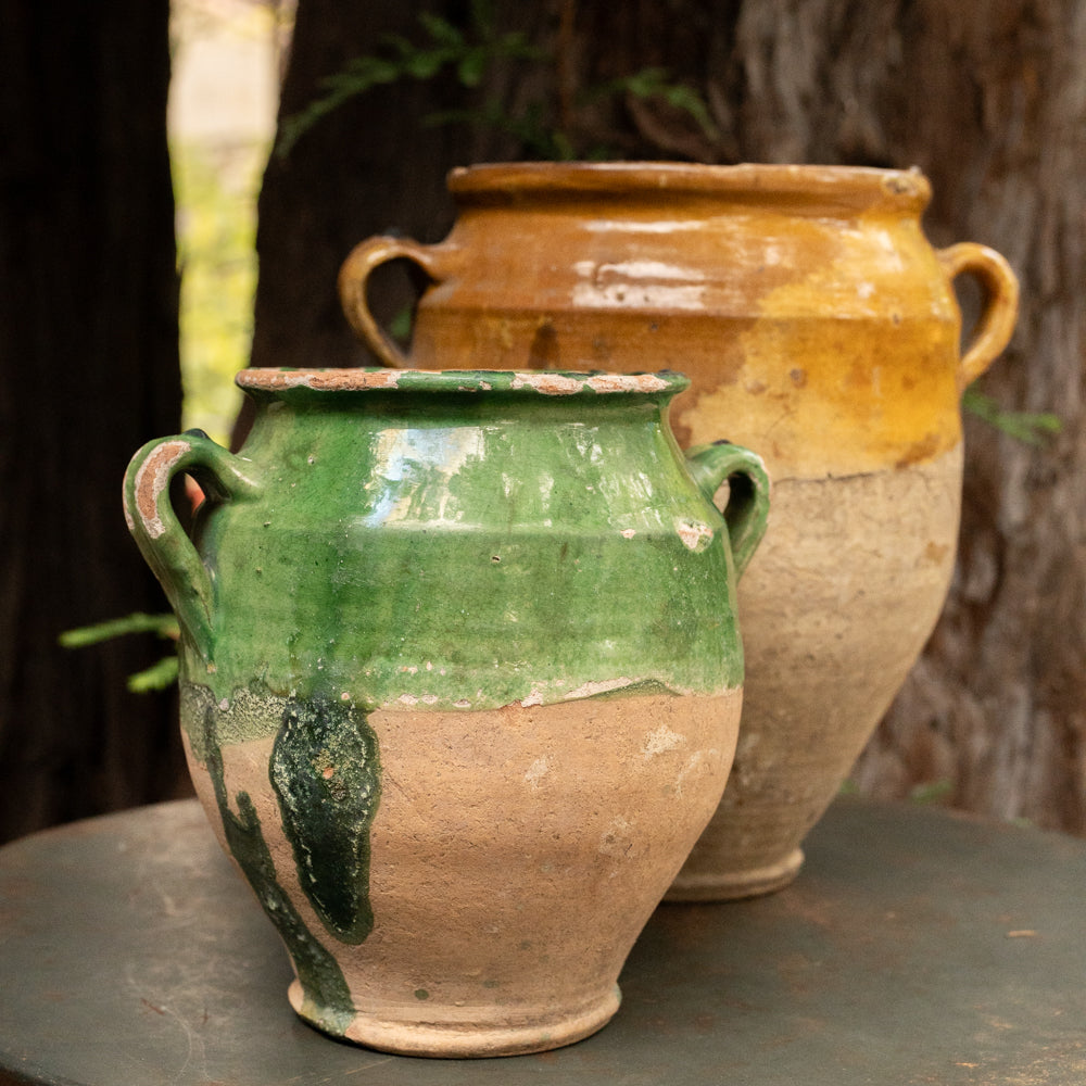 Antique French Confit Pots Yellow Green