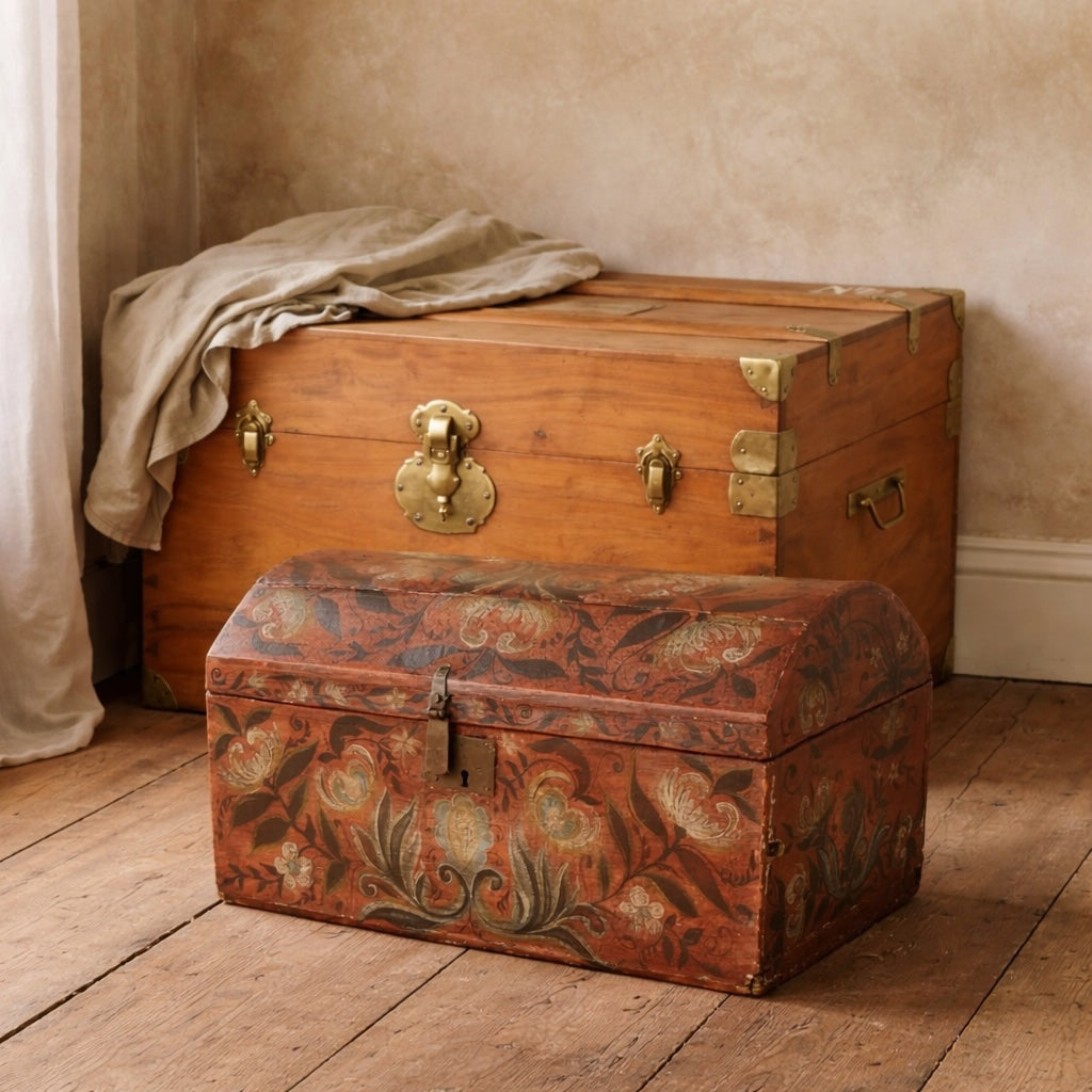 Antique French painted marriage chest with floral decoration and camphor wood travel trunk with brass hardware