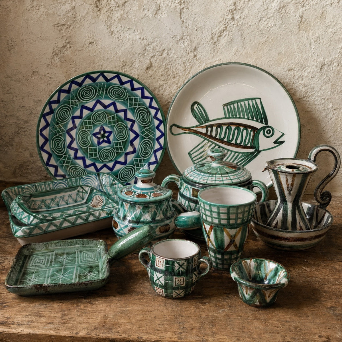 Robert Picault pottery collection with mid-century French ceramics on a rustic table