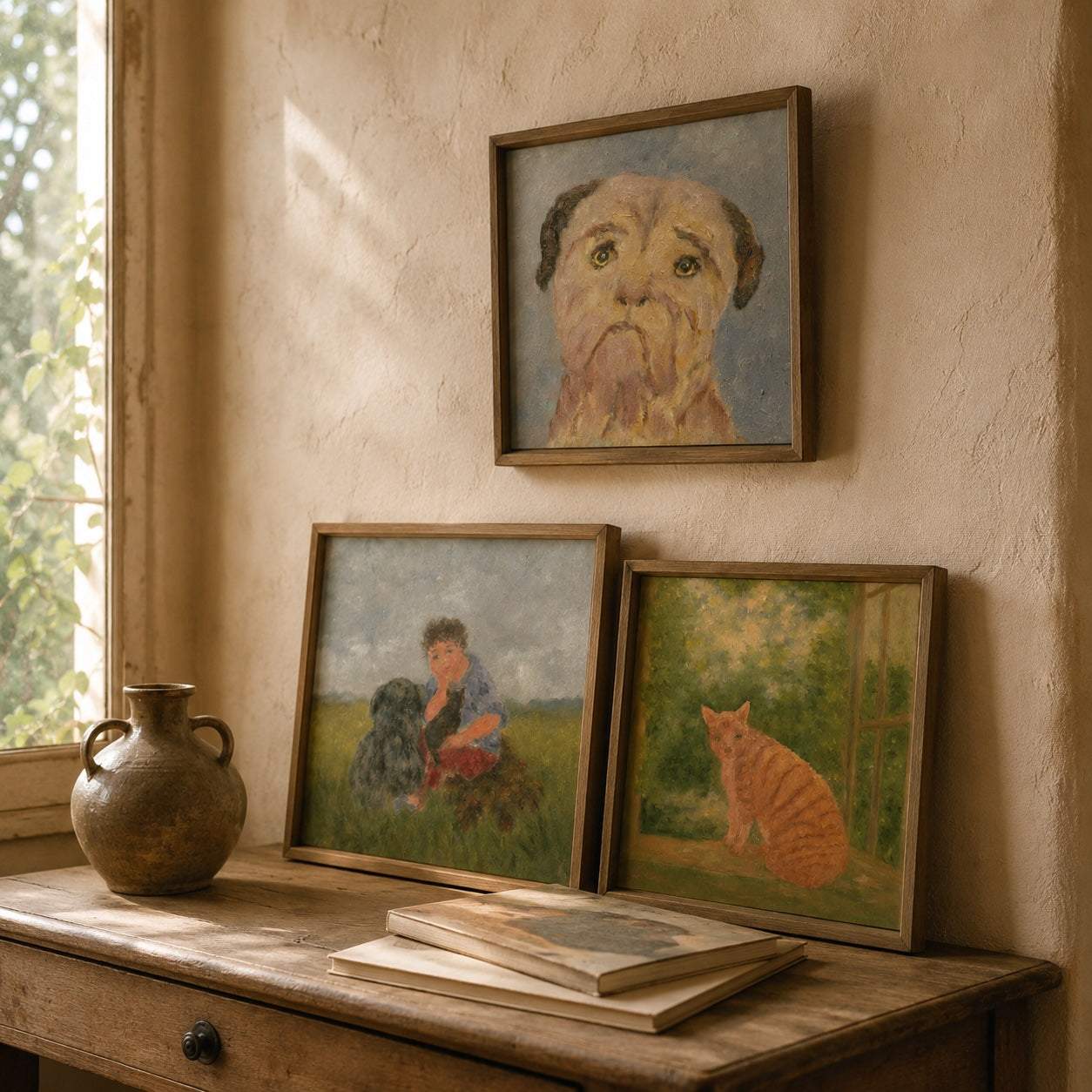 Karibou contemporary animal paintings displayed in wooden frames on a rustic antique console