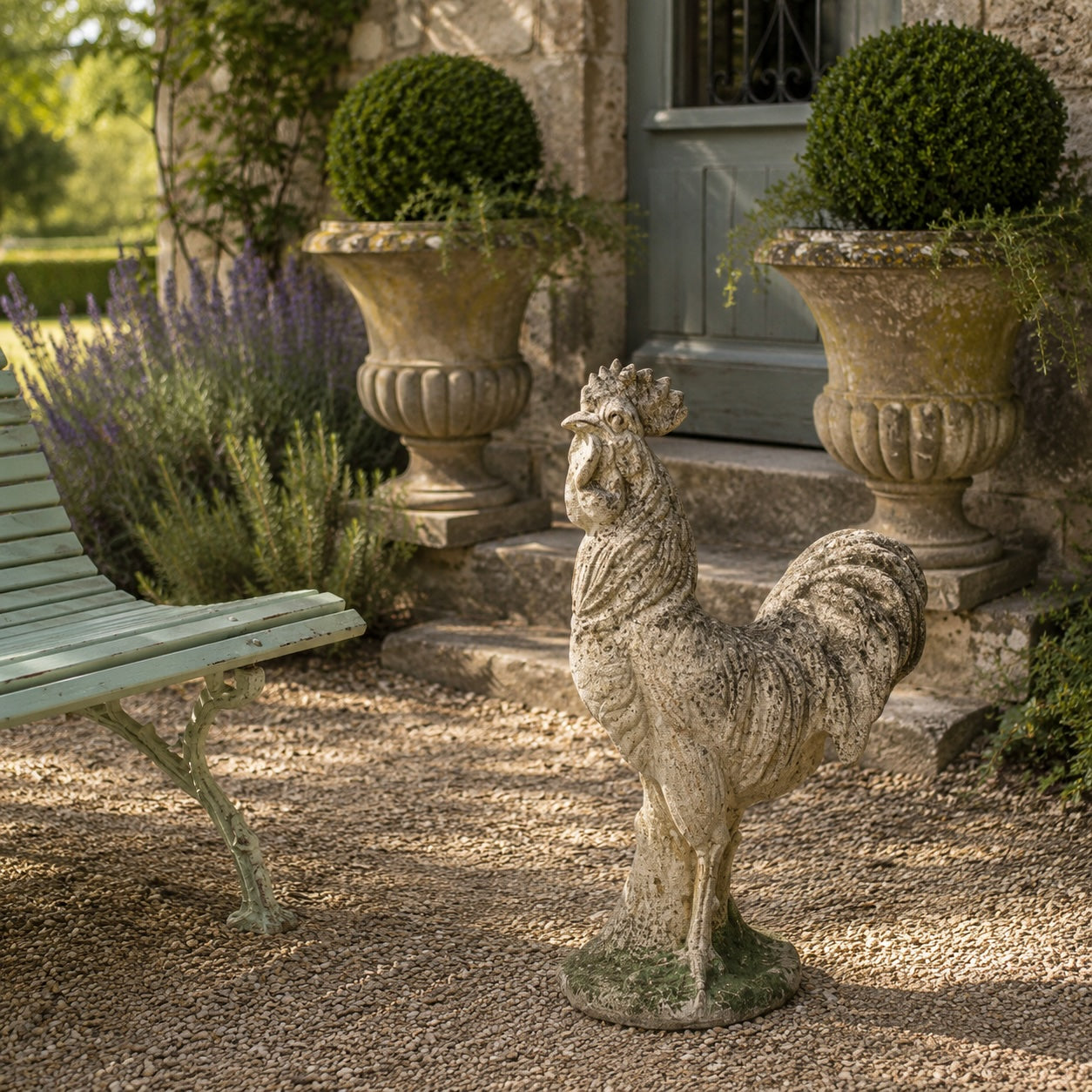 Antique French rooster garden sculpture with Medici urns and vintage garden bench in a Provençal garden