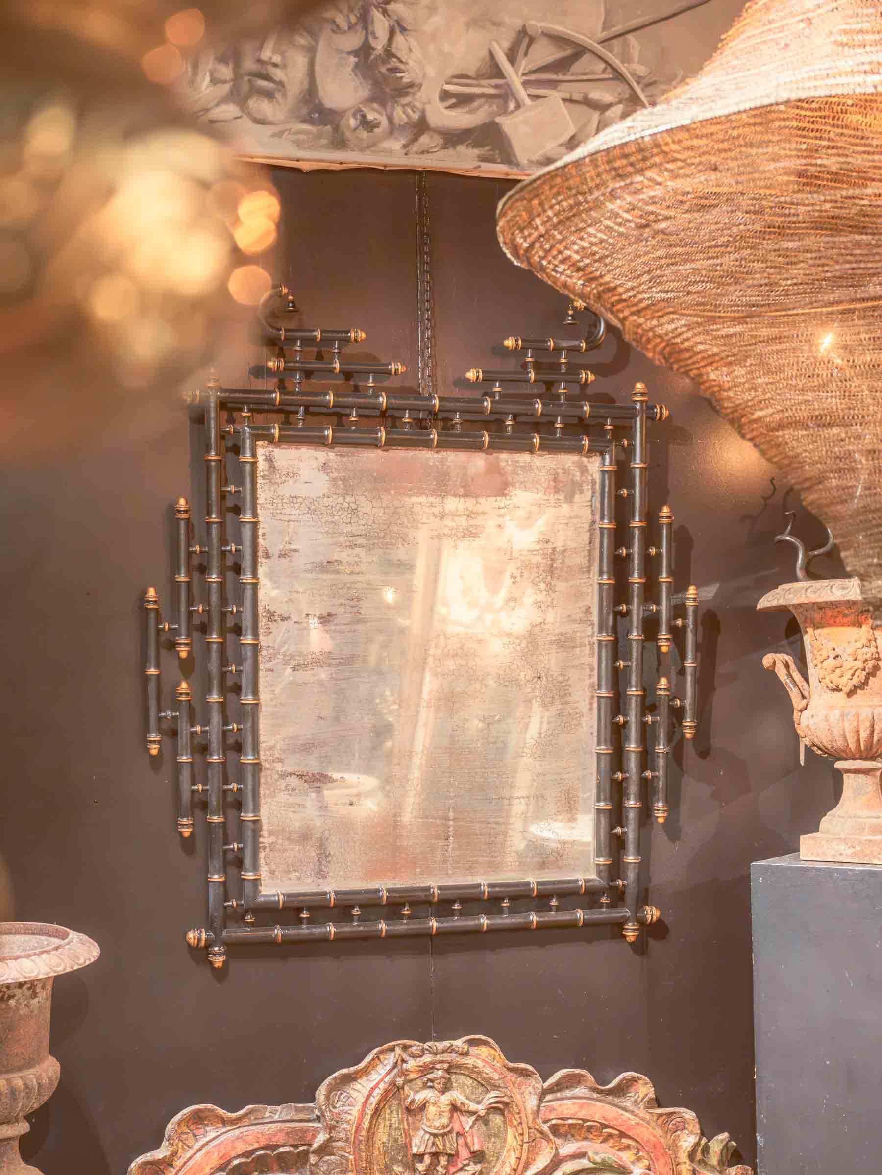 Large French Napoleon III Japonisme Black-Lacquered Faux-Bamboo Mirror, c.1870 - 47¾" x 41¾"