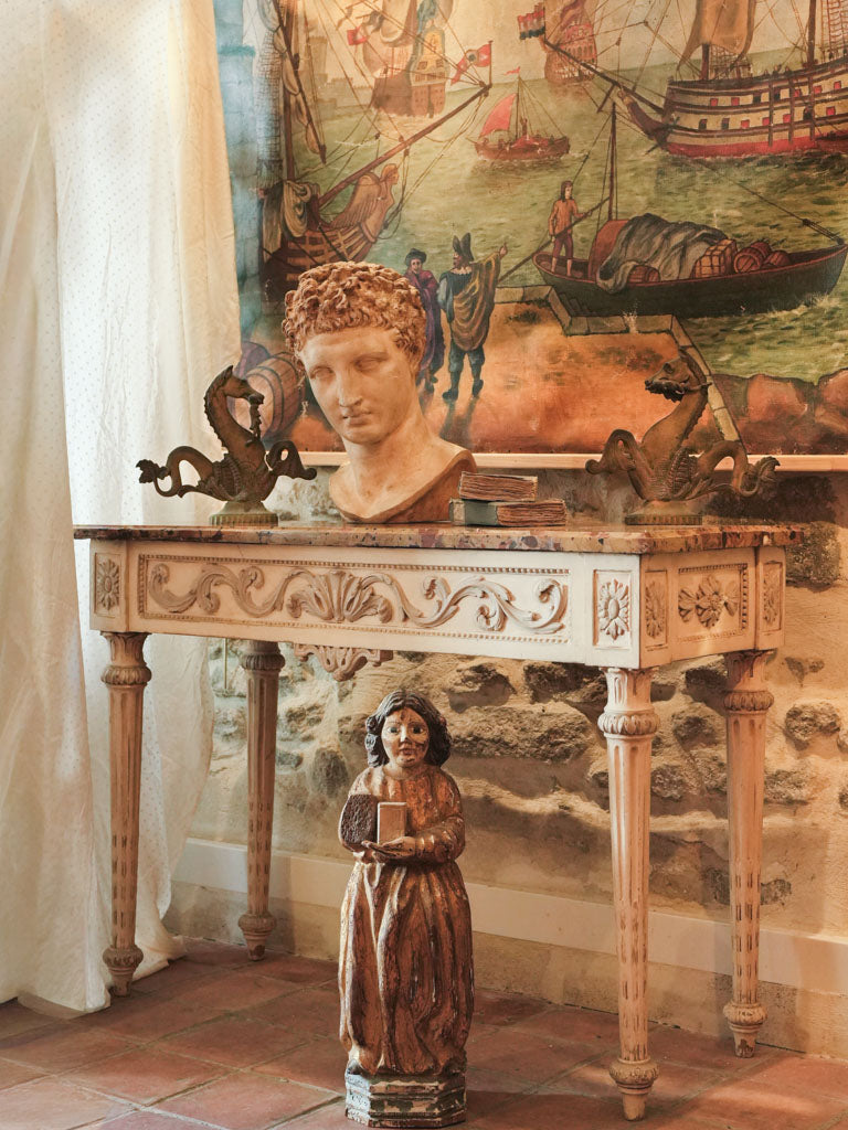 Antique Carved and Painted Wood Console Table w/ Lively Marble Top - 33¾" x 47¼"