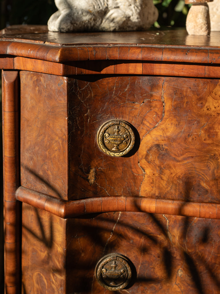 Charming Petite Antique Italian Serpentine Walnut Burl Commode - 32"