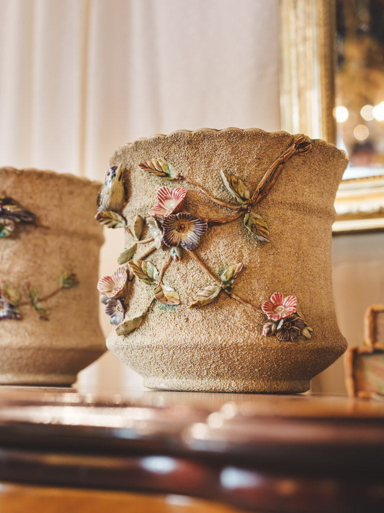 Pair of Early 20th Century French Majolica-Style Cachepots Planters w/ Floral & Bird Relief - 8¾"
