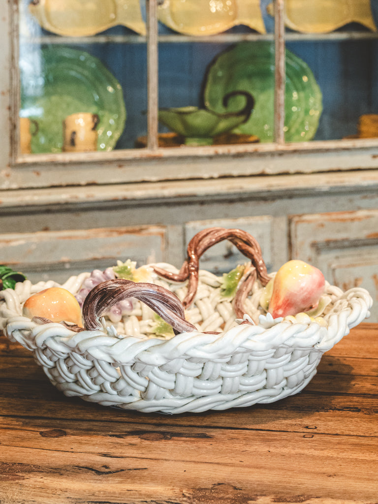 Large Mid-20th Century Vallauris Majolica Basket-Shaped Bowl W/ Barbotine Fruit - 20"