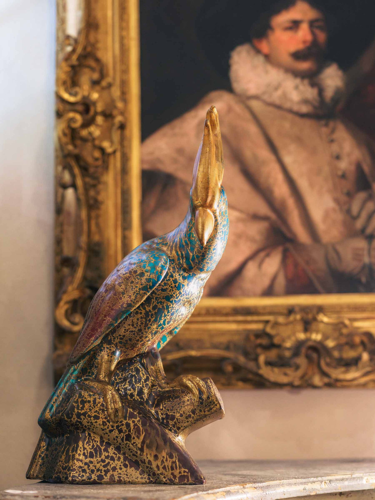 Art Deco Turquoise-and-Gold Ceramic Cockatoo, c.1930 - 17¼"