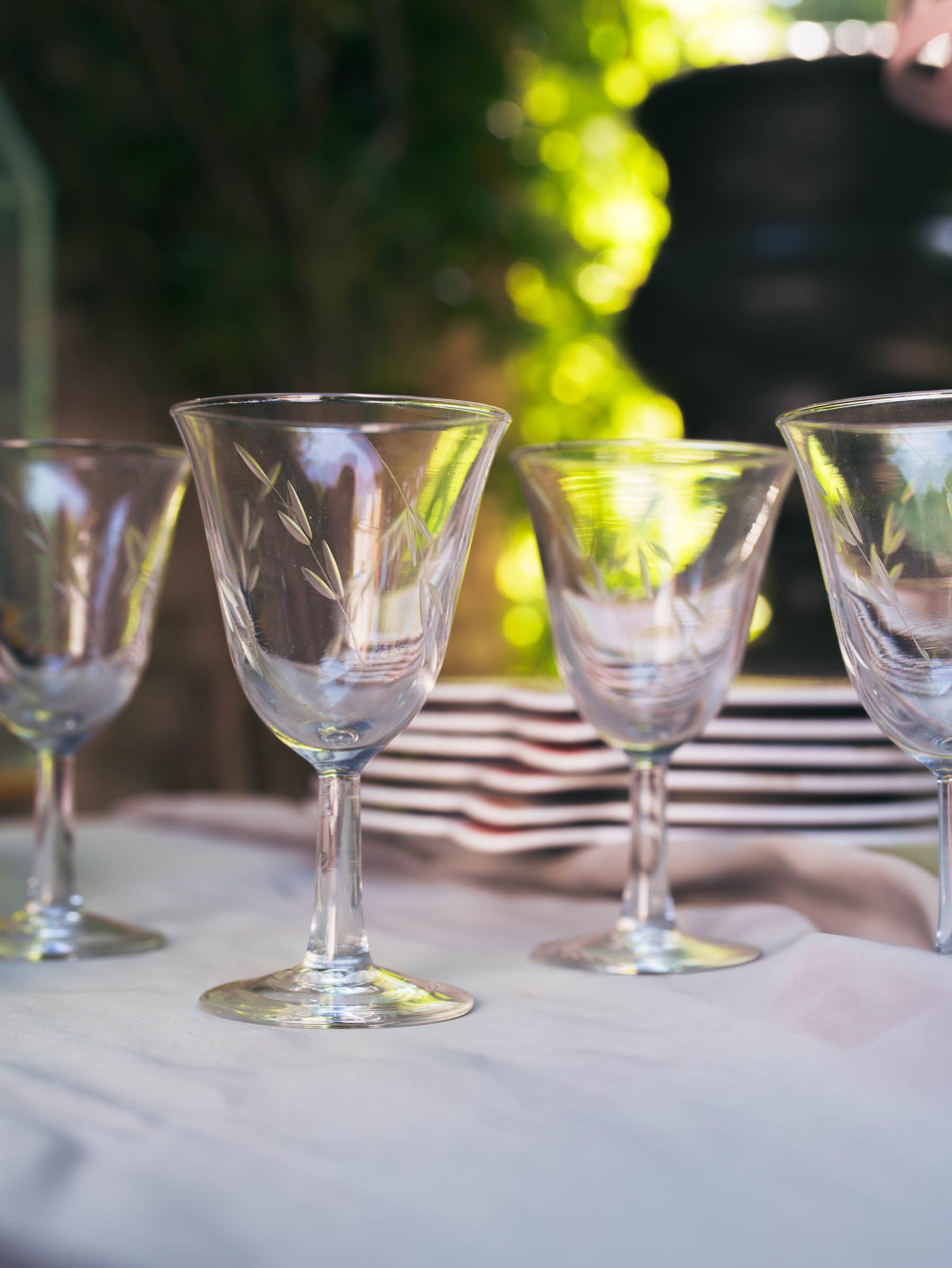 Set of Eight Mid-Century Wine Glasses with Delicate Engraved Sprigs - 5"