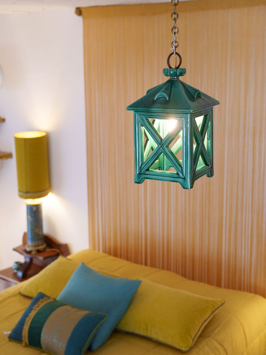 Vintage French Green-Glazed Ceramic Pendant Light - 22" x 6¼"