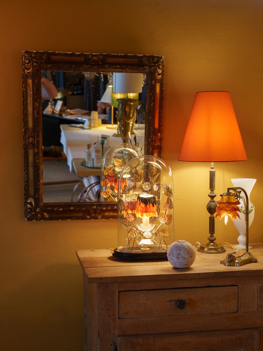 Bespoke Lamp w/ Antique Bridal Globe and Silk-Petal Shade - 17¾"