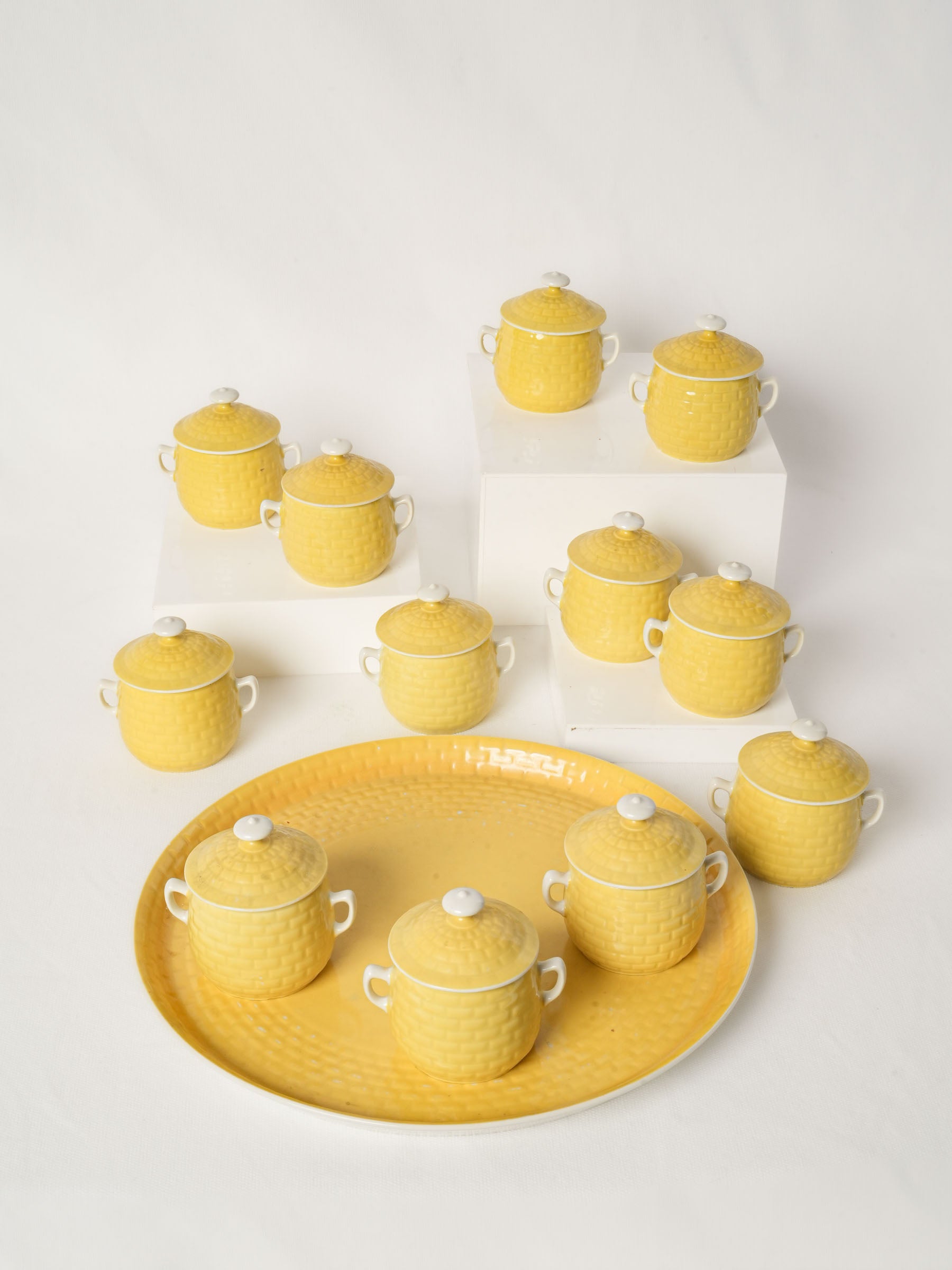 Set of 12 Yellow Lidded Ramekins with Tray - Limoges