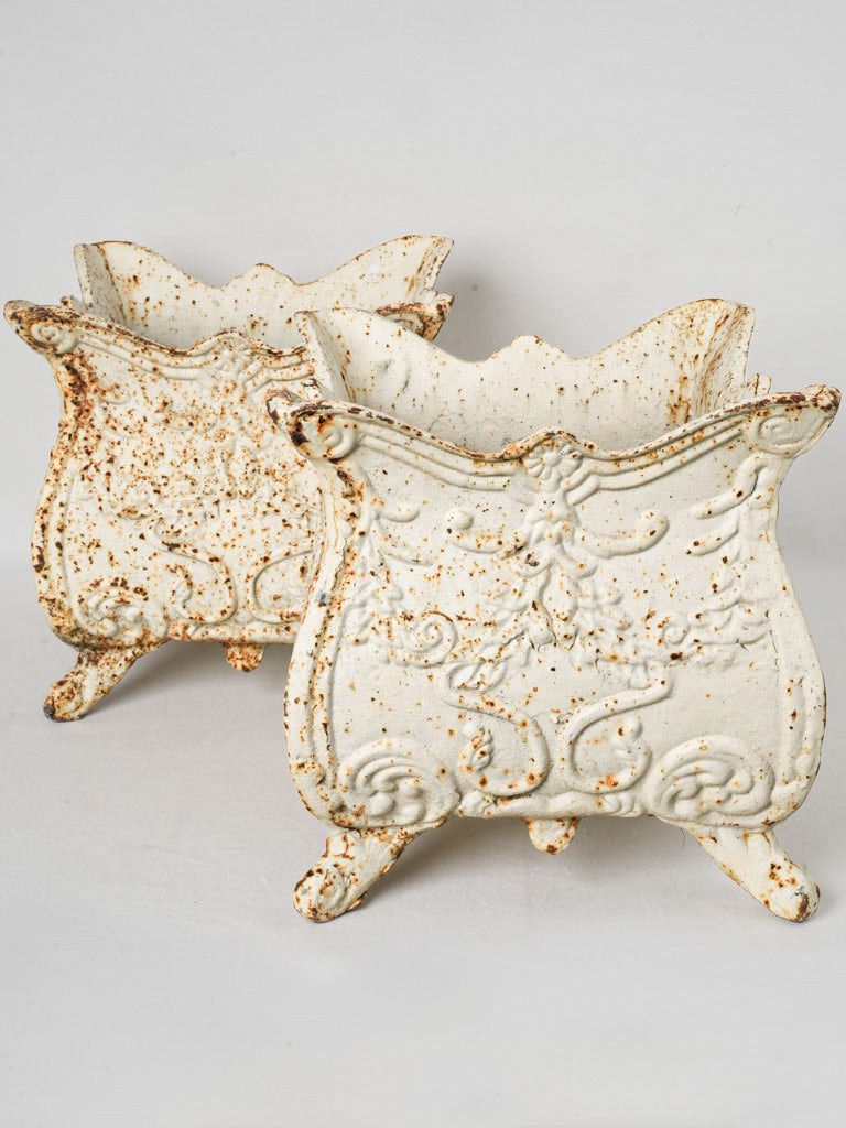 Pair of 1960s Cast-Iron Planters w/ White Patina & Foliate Design - 12¼"