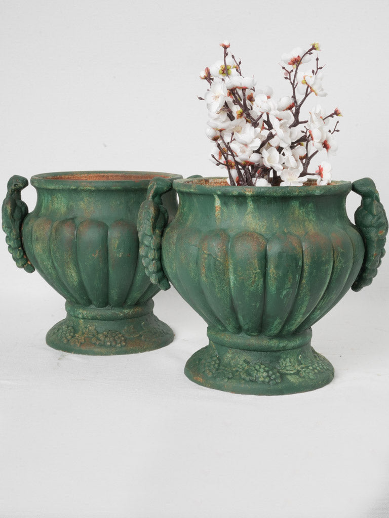 Vintage green patina iron planters  