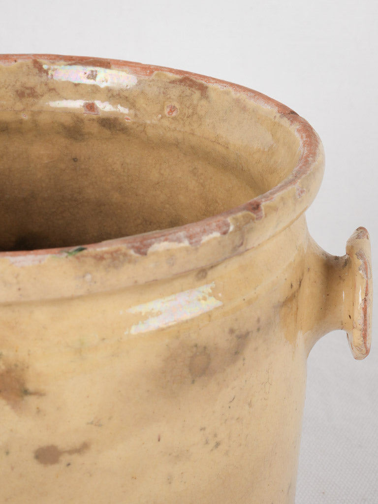 Antique French confit pot w/ ear handles & yellow glaze 6¼"