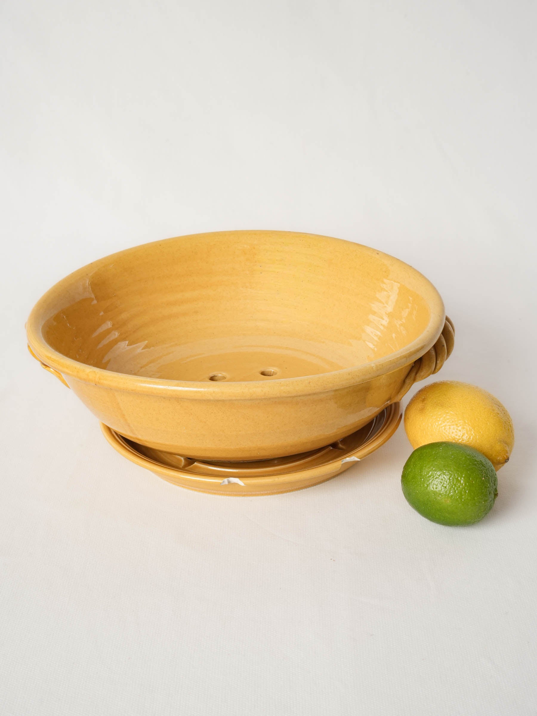 Vintage Yellow Ceramic Berry Colander with Saucer from Vallauris