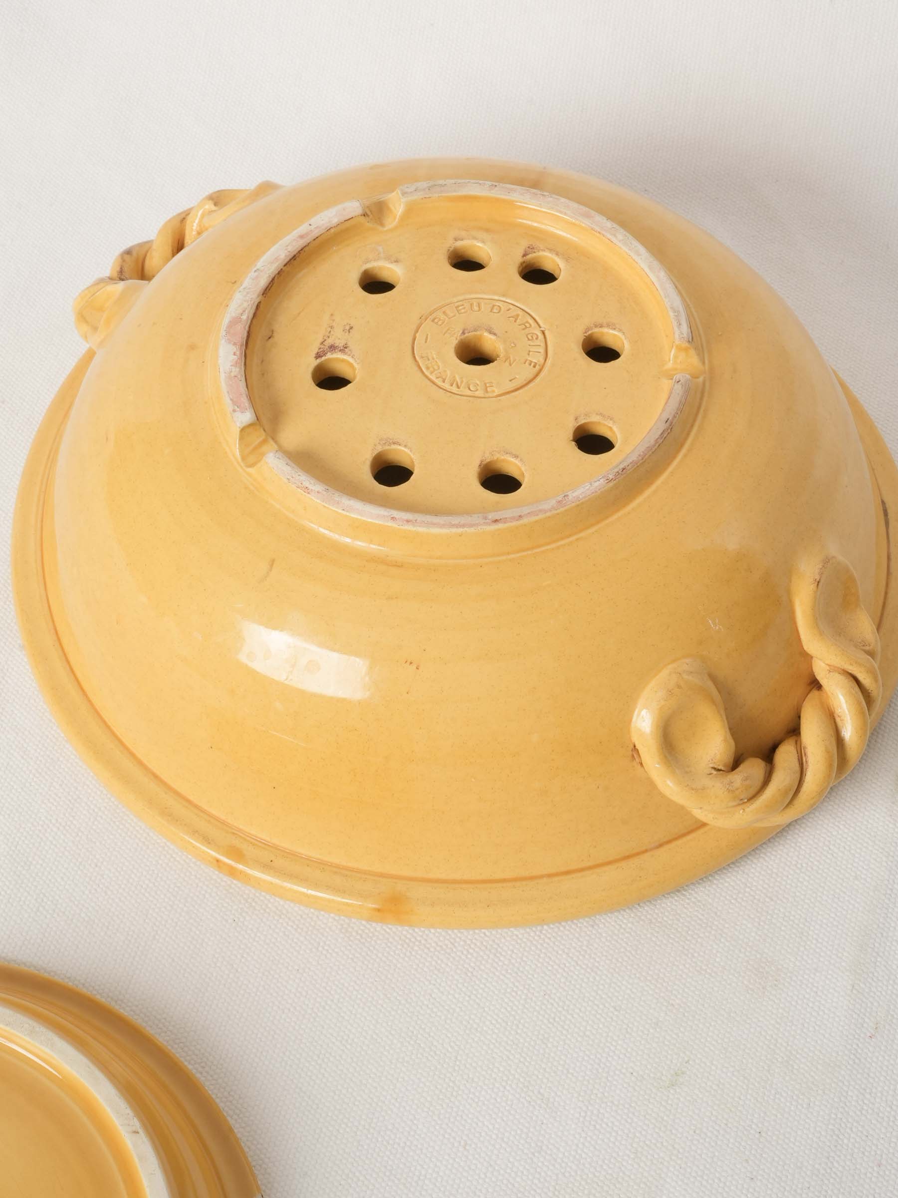 Vintage Yellow Ceramic Berry Colander with Saucer from Vallauris