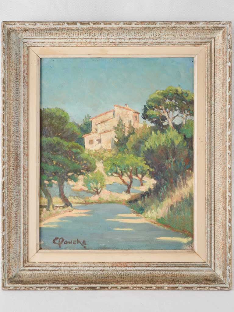 Mediterranean country landscape painting w/ pine trees 21¼" x 18"