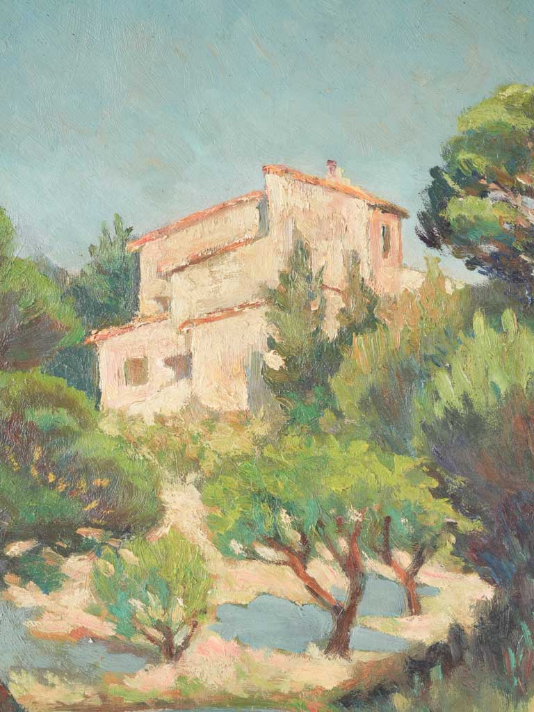 Mediterranean country landscape painting w/ pine trees 21¼" x 18"