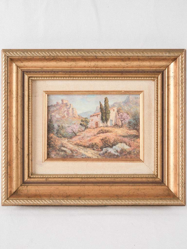 Small antique landscape painting - country houses in the hills 9¾" x 12¼"