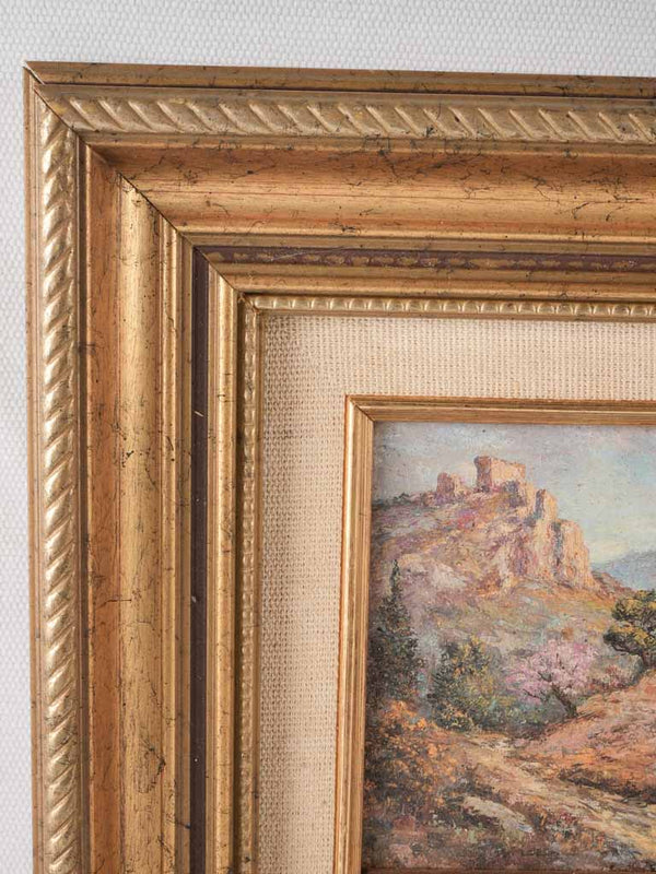 Small antique landscape painting - country houses in the hills 9¾" x 12¼"
