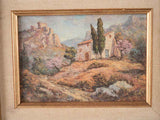 Small antique landscape painting - country houses in the hills 9¾" x 12¼"