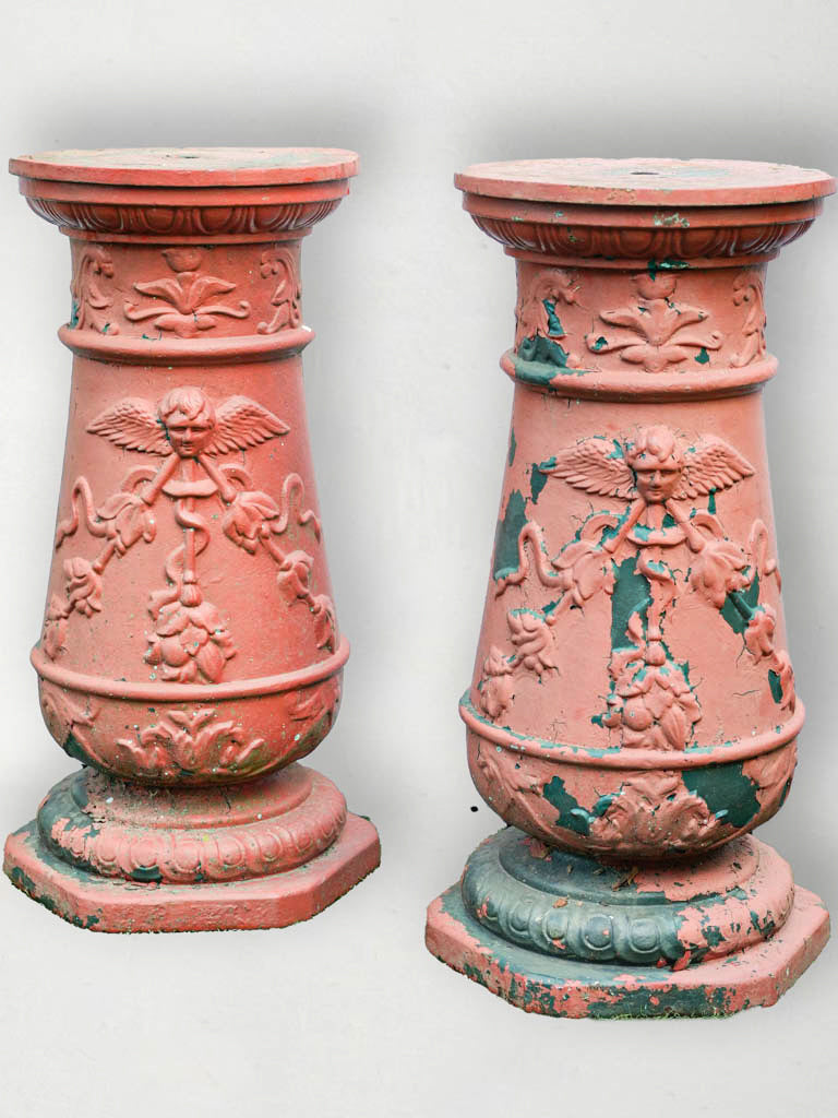 Pair of Vintage French Cast Iron Garden Pedestals w/ Red Patina - 27½"