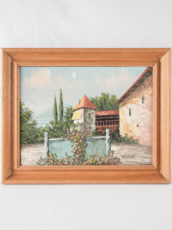 Vintage coastal landscape painting w. stone farmhouse 16¼" x 20"