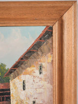 Vintage coastal landscape painting w. stone farmhouse 16¼" x 20"