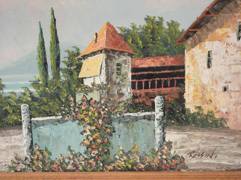 Vintage coastal landscape painting w. stone farmhouse 16¼" x 20"