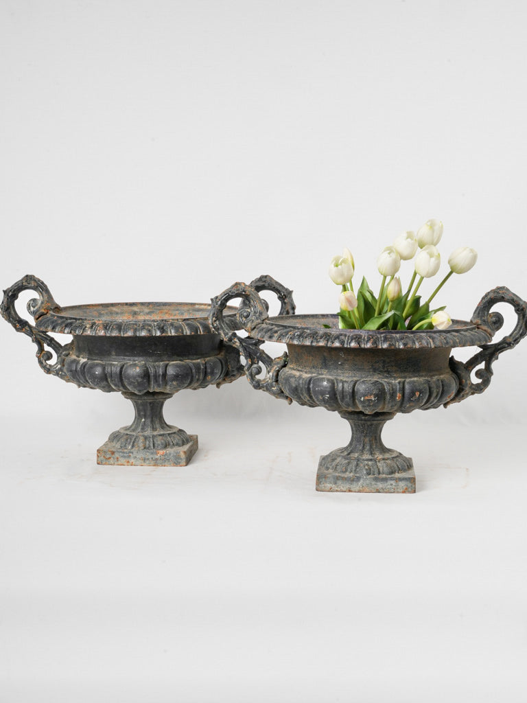 Pair of antique French Cast Iron Chambord Planters w/ Black Finish - 13¾"