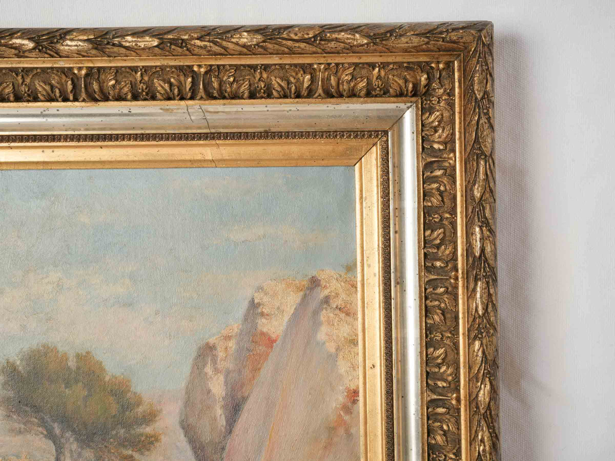 French Oil Painting of a Horse-Drawn Coach on Country Road dated 1912 - 24¾" x 32¼"
