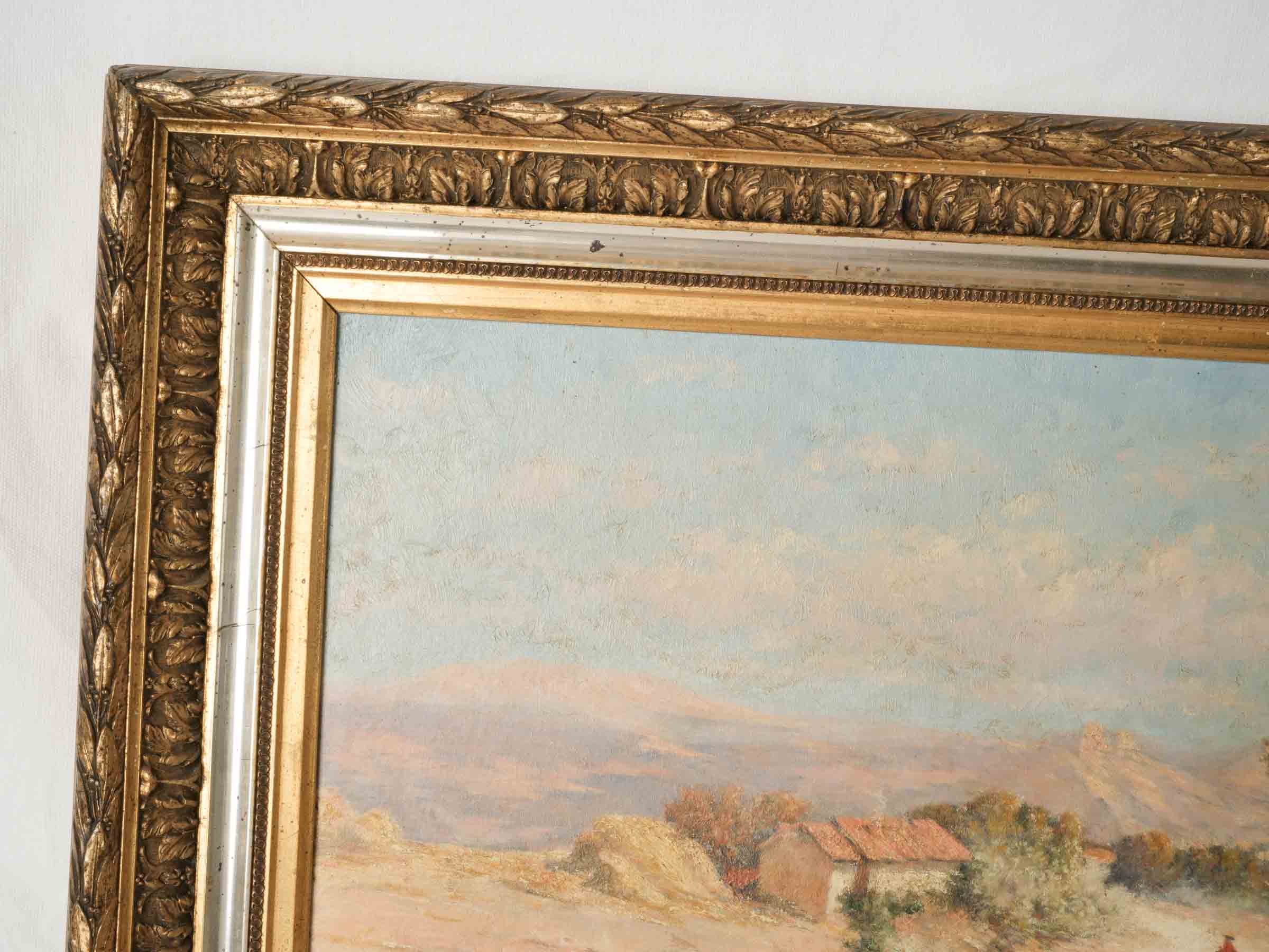 French Oil Painting of a Horse-Drawn Coach on Country Road dated 1912 - 24¾" x 32¼"