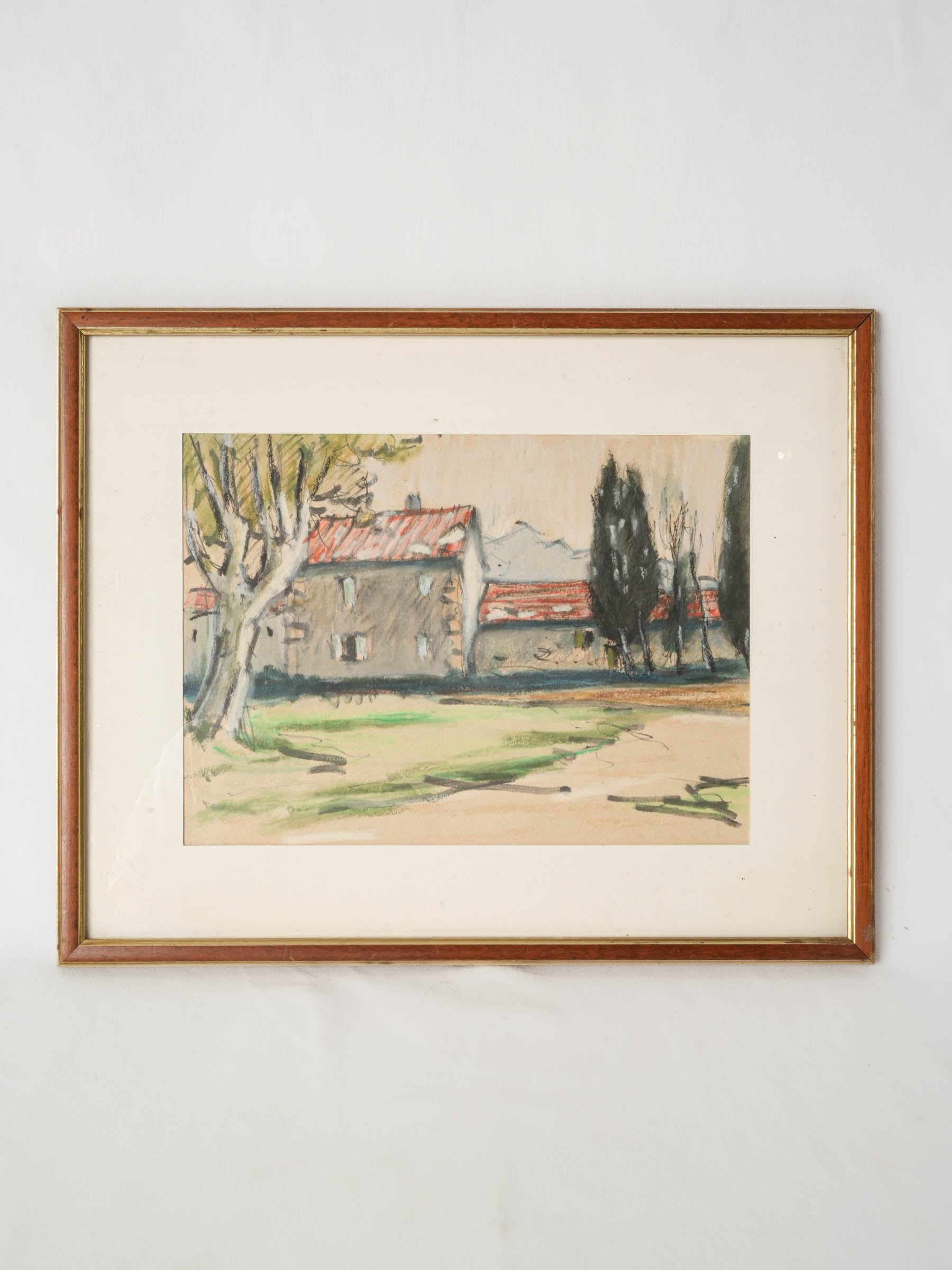 Vintage Provençal Watercolor of Stone Farmhouse w/ Cypress & Plane Trees