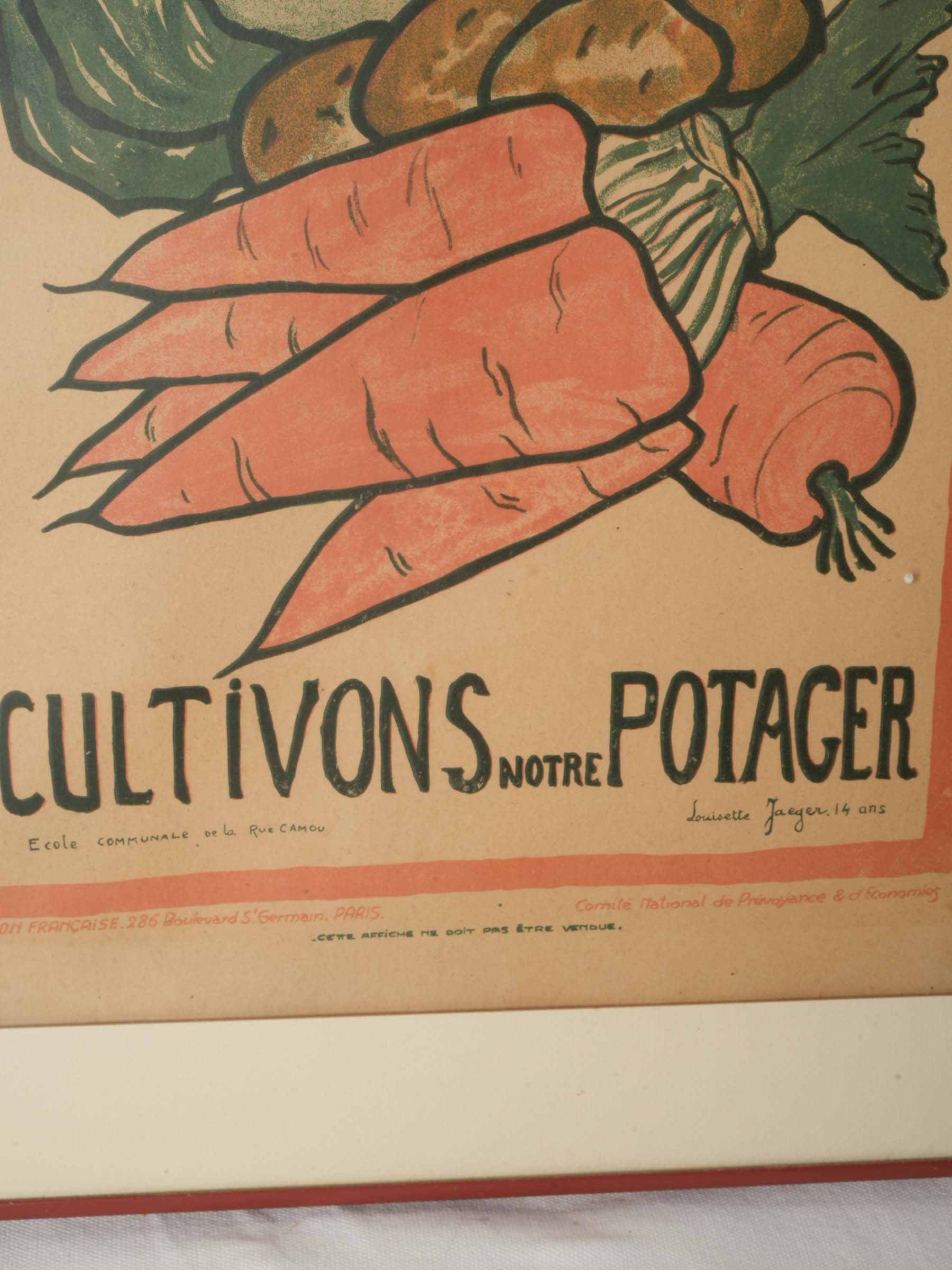 Framed French WWI School Poster with Vegetable Garden Design 26½" x 19¼"