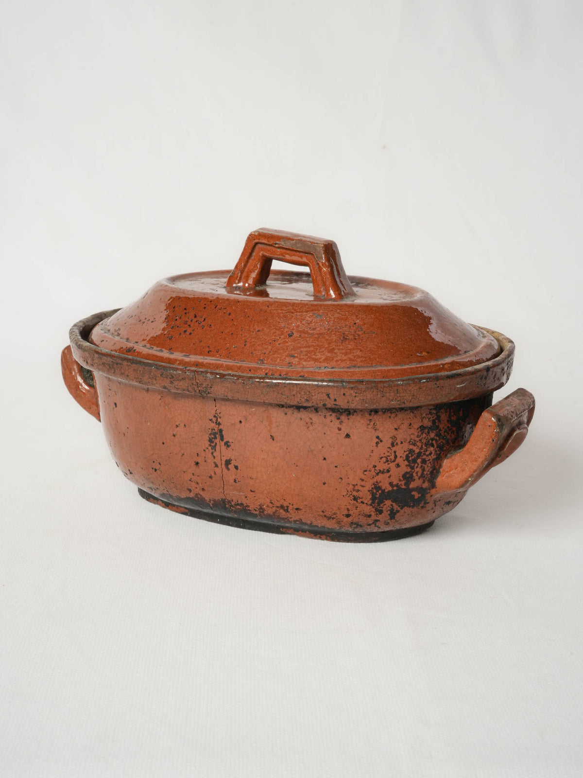 Antique lidded terrine from Vallauris w/ red ocher glaze 10¾"