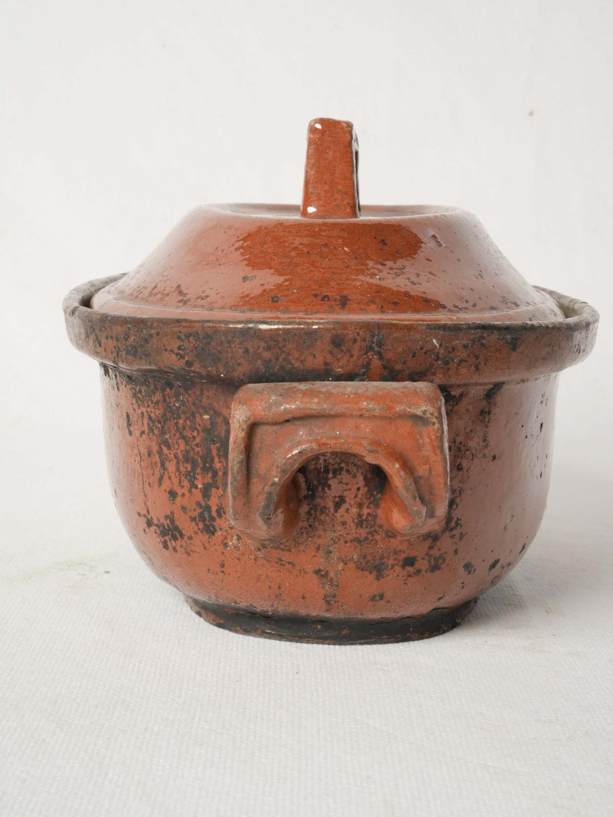 Antique lidded terrine from Vallauris w/ red ocher glaze 10¾"