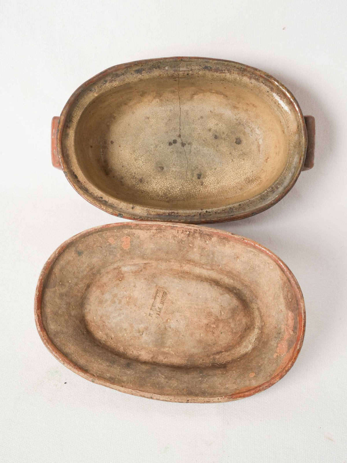 Antique lidded terrine from Vallauris w/ red ocher glaze 10¾"