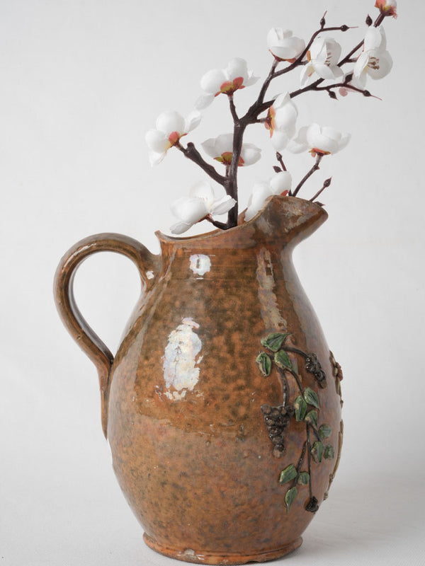 Aged Isère antique glazed floral pitcher