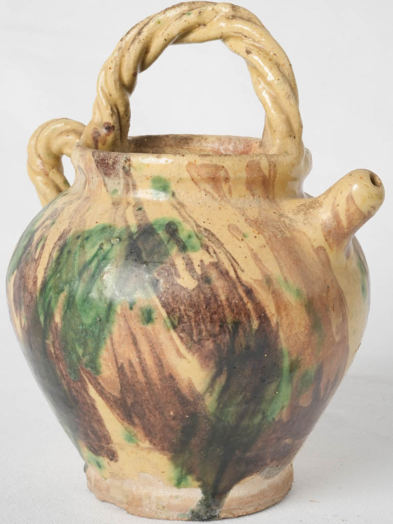 Mid-Century small French cruche w/ twisted handles & swirl glaze - sta