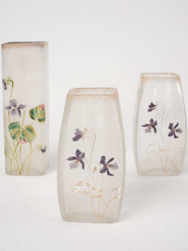 3 Pâte de verre vases w/ Violets 6¾"