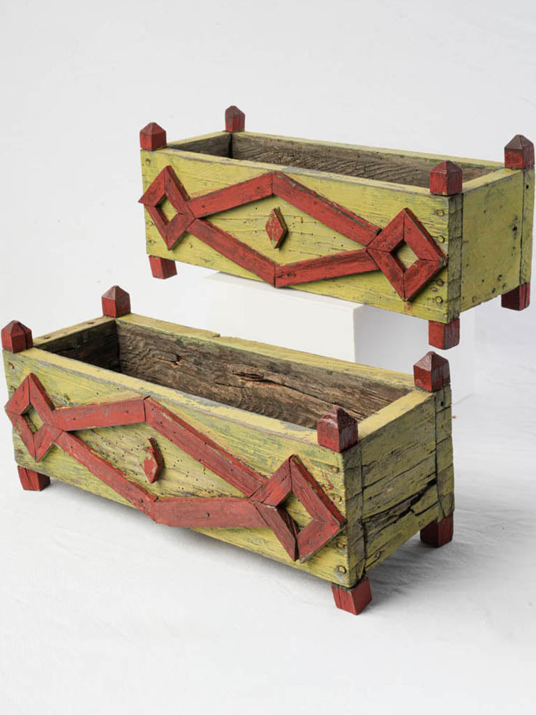 Pair of Cheerful 1940s Painted Wooden Planters in Chartreuse and Red - 15¾"