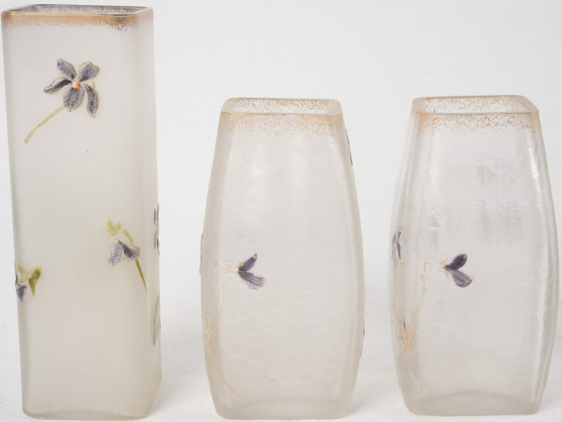 3 Pâte de verre vases w/ Violets 6¾"